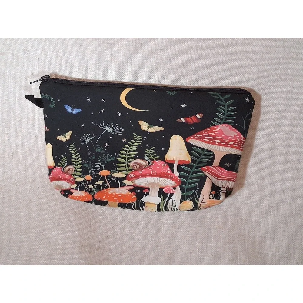 Mushroom Crescent Moon Makeup Bag Cottagecore Butterfly Snail Zipper Pouch Black